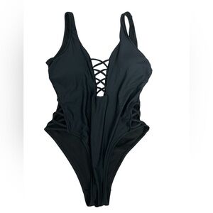 COASTAL WAVES black Laceup Plunge Swimsuit Size S